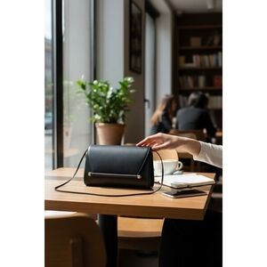 Ande Vintage Black Leatherette Shoulder Bag Clutch Gold Bar Handle Purse